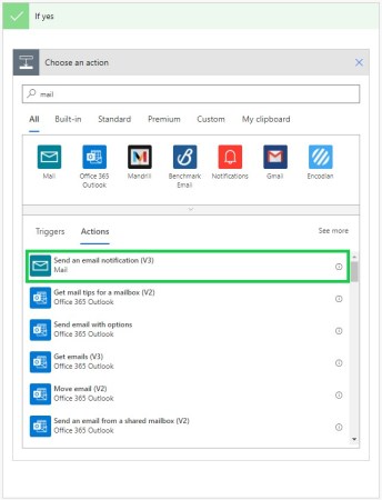 Power automate email action