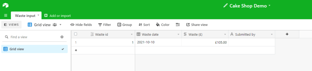 Cake shop's waste input table